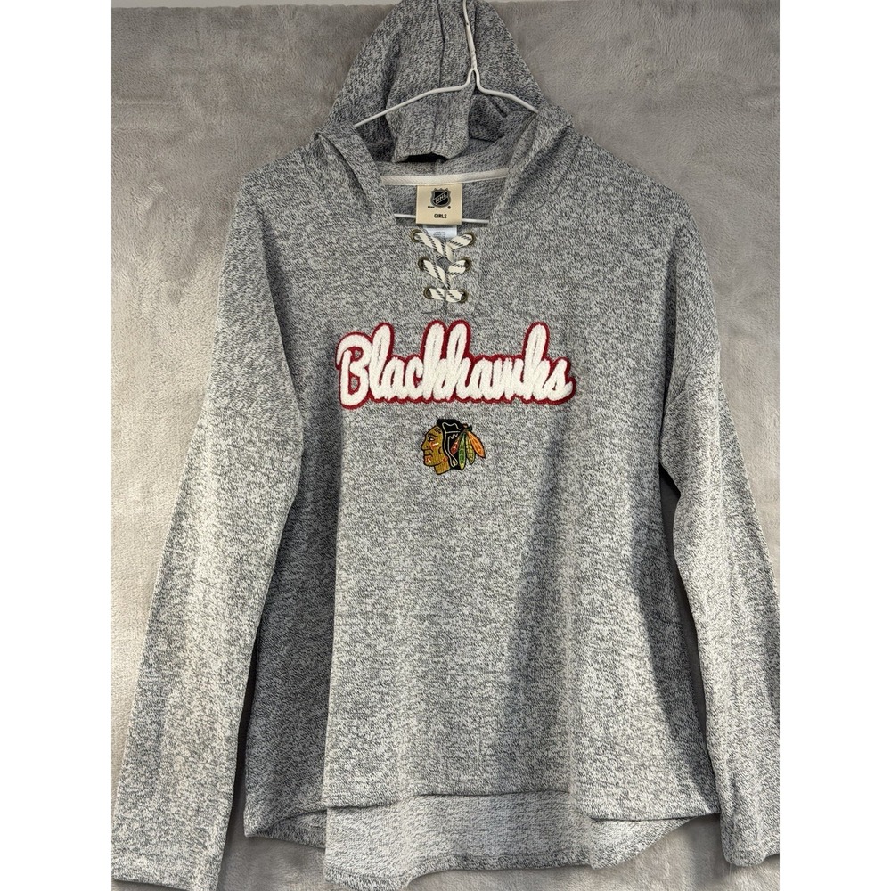 Chicago Blackhawks Girls L 14 Hoodie NWT Lace Up Chenille NHL Gray Pullover